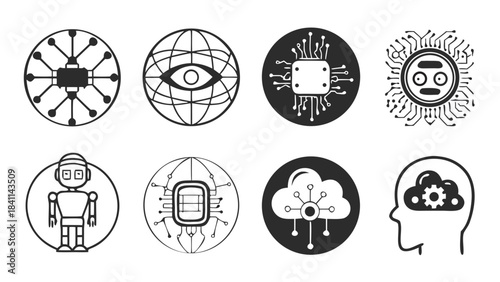 “AI technology icons set, futuristic thin-line vector”