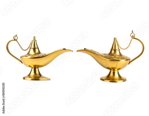 An antique golden genie lamp for magic, in traditional Arabian style, is isolated against a white background