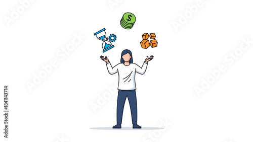 Businesswoman juggling time, money, and tasks illustrating multitasking and resource management, concept for productivity planning, project management and efficiency training