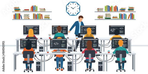 Students learning to code in a modern classroom setting with an instructor, illustrating a technology education program focused on software development and digital skills training
