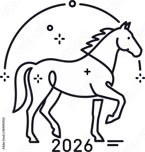 Minimalist 2026 Year of the Horse Line Art Illustration — Modern Monoline Zodiac Animal with Stars and Astrology Symbol