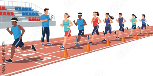 Diverse Group of Young Athletes Engaged in a Focused Track and Field Training Session with a Coach Guiding Them on a Professional Running Track