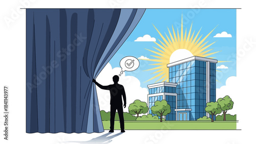 Silhouette of a businessman revealing a modern office building under a bright sun with a checkmark thought bubble, concept for real estate success, career growth  and new opportunities 