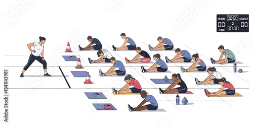 Fitness class performing stretching exercises on mats with cones and a timer, led by an instructor