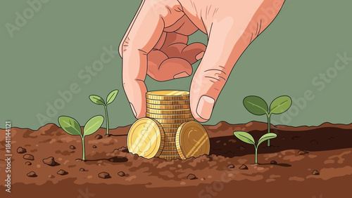 Illustrative image of a hand placing a stack of gold coins near growing seedlings in soil, concept for investment growth , financial planning success and startup funding visualization 