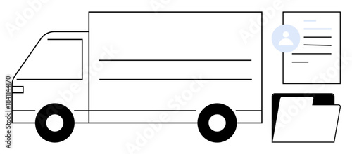 Logistics, delivery services, file management, document organization, transportation, supply chain. Black and white delivery truck with document and folder icons. Logistics and delivery services
