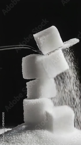 Close-up of a bag of granulated sugar being poured onto sugar cubes using a scoop.