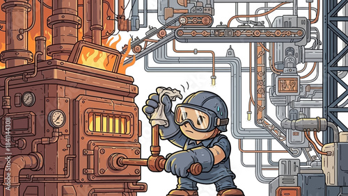 Sweaty factory worker in protective gear operating a furnace with intense heat, concept for industrial safety training, manufacturing process illustration, and workplace challenge awareness