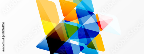 Abstract colorful shapes overlap, creating dynamic composition. Bright hues blend, suggesting energy, movement, modern design.