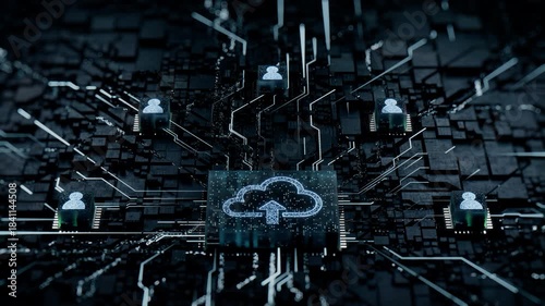Data storage Technology Concept with cloud upload symbol on a Microchip. White Neon Data flows between Users and the CPU across a Futuristic Motherboard. Seamless Loop.
