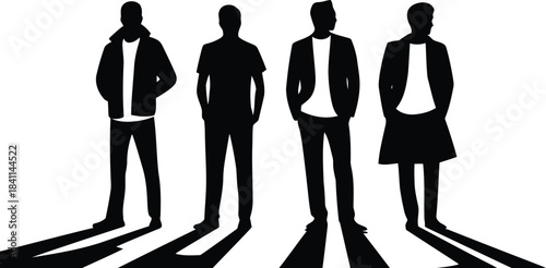 Four full length black silhouettes of men standing in various distinct outfits