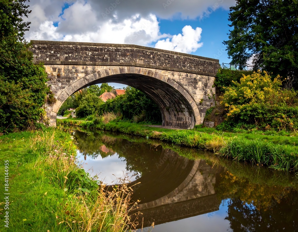 Fototapeta premium Stone arched bridge over a calm waterway reflecting the scenery