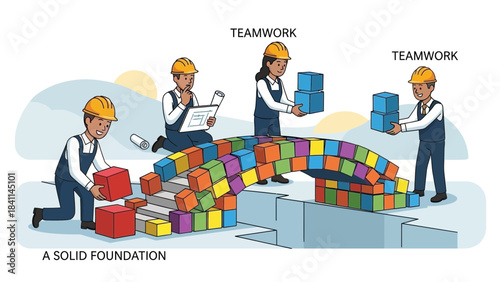 Construction workers in hard hats build a colorful block bridge symbolizing collaboration, concept for project management, business strategy and organizational development