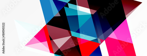 Abstract geometric shapes overlap, creating vibrant colorful composition. White background emphasizes angular forms, dynamic design.