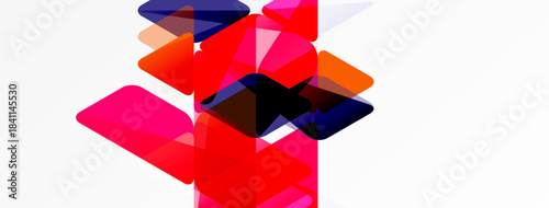 Abstract composition. Overlapping squares, rectangles, vibrant colors. Pink, red, purple hues dominate white background. Modern design.