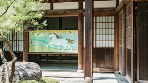 Celebrating the year of horse traditional japanese art in tranquil zen garden serene atmosphere photography