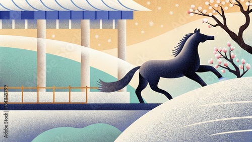 Year of horse celebration tranquil garden digital art serene landscape side view cultural significance