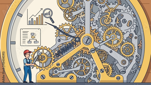 Illustration of a technician repairing complex clockwork machinery with business analytics and flowchart diagrams, concept for project management, efficiency optimization, and system maintenance
