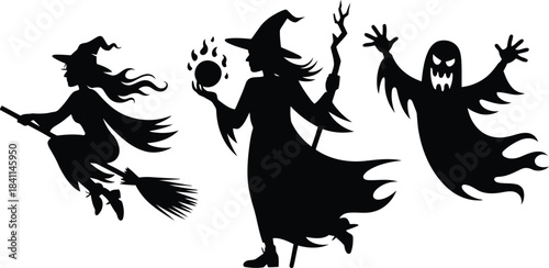 Spooky black silhouettes of a witch flying on a broom and a ghost on a white background