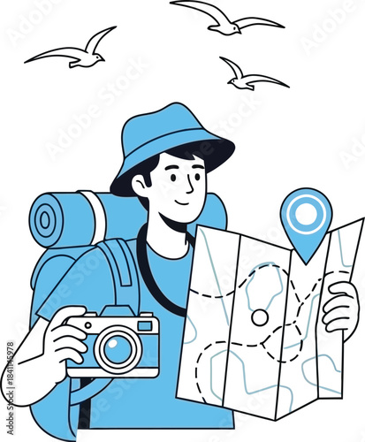 A young traveler with a map and camera explores new destinations.