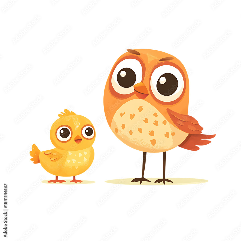 Obraz premium Adorable Cartoon Owl and Chick Pair on Transparent Background