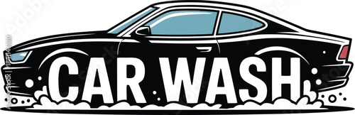 Stylish black car with large CAR WASH lettering and bubbly water splashes below it