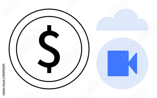 Financial technology, video content creation, cloud computing, digital media, monetization strategies, tech business solutions. Dollar sign next to a video icon within a cloud graphic. Financial