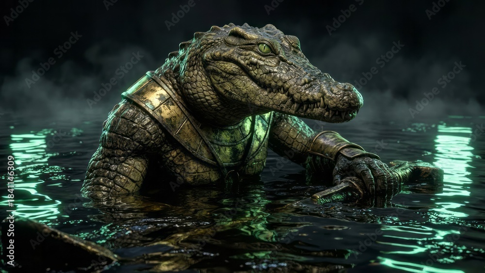 Fototapeta premium Fantasy Crocodile Warrior in Water Armor Creature Mythical