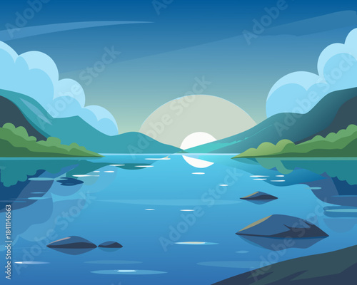Landscape illustration with lake and mountains Vector