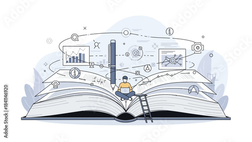 Business analyst studying complex data analysis and strategic planning on a large open book concept for education material, marketing strategy and corporate training