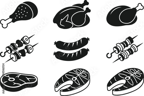 Collection of black and white meat and fish barbecue icons