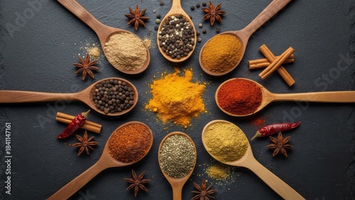 Colorful Spices in Wooden Spoons Cooking Culinary Seasoning