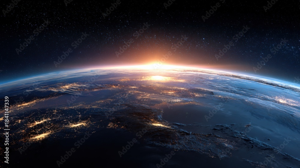 Fototapeta premium Earth's Horizon: Captivating Sunrise View from Space Revealing City Lights, Atmospheric Glow, and Cosmic Vastness