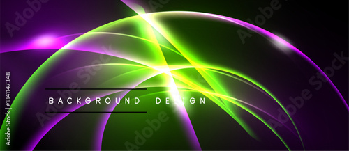 Abstract neon lights create vibrant curves, gradients. Dark background emphasizes glowing lines, text reads background design.