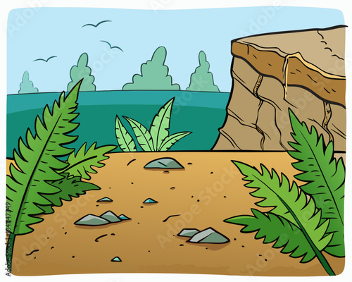 Cartoon landscape with ferns and rocky cliff Vector