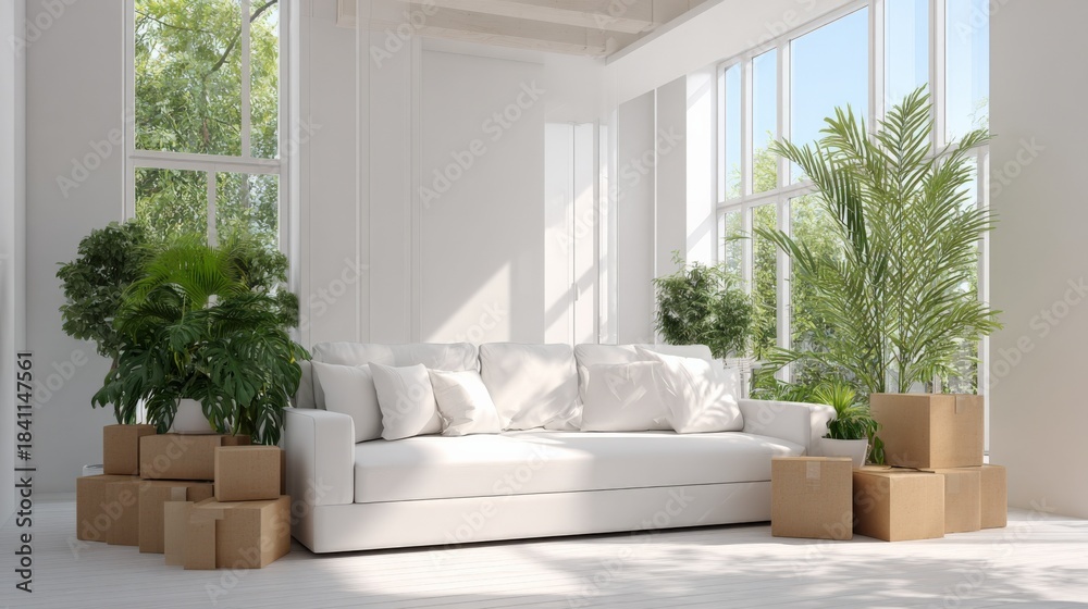 Fototapeta premium Bright Minimalist Living Room with White Sofa, Plants and Cardboard Boxes Ready for Moving
