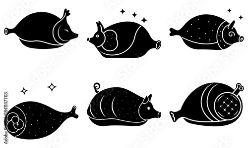 Five black snails with stars and swirls on white background silhouette