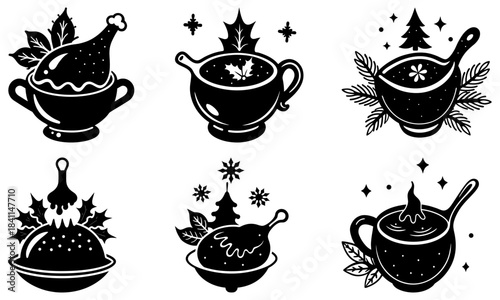Six black hot beverage mugs with festive decorations on white background steam