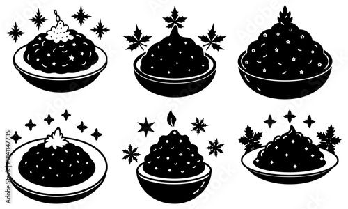 Six black dessert cakes with star decorations on white background