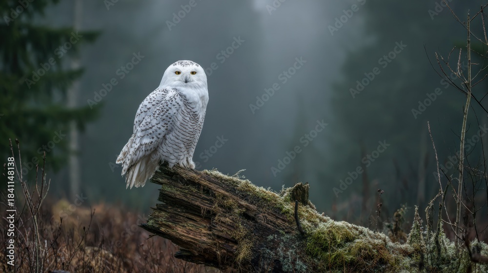 Fototapeta premium Majestic Snowy Owl Perched on Mossy Log in Forest, Wildlife Photography and Nature Background