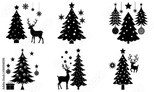 Christmas-themed black and white silhouette of trees, deer, and holiday decorations on white background