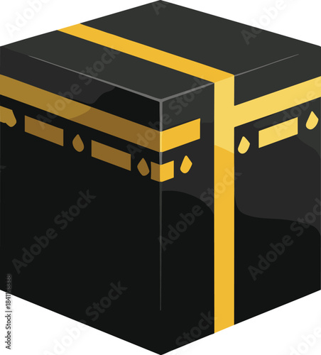 Kaaba illustration vector with gold details, representing Islamic sacred architecture for Hajj, Umrah, religious artwork, and cultural designs