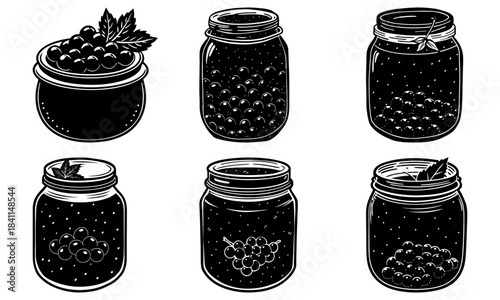 Six jars filled with blackberries on white background transparent