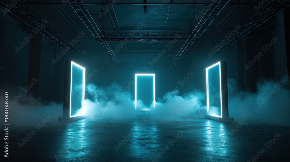Obraz premium Abstract Neon Portals with Smoke in an Industrial Space, Reflecting on Polished Concrete Floors