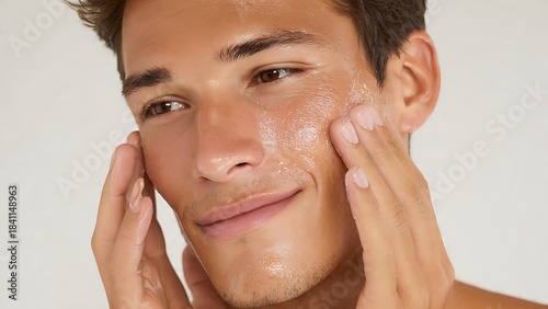 Attractive young man gently applying a hydrating skincare product to his radiant face.
