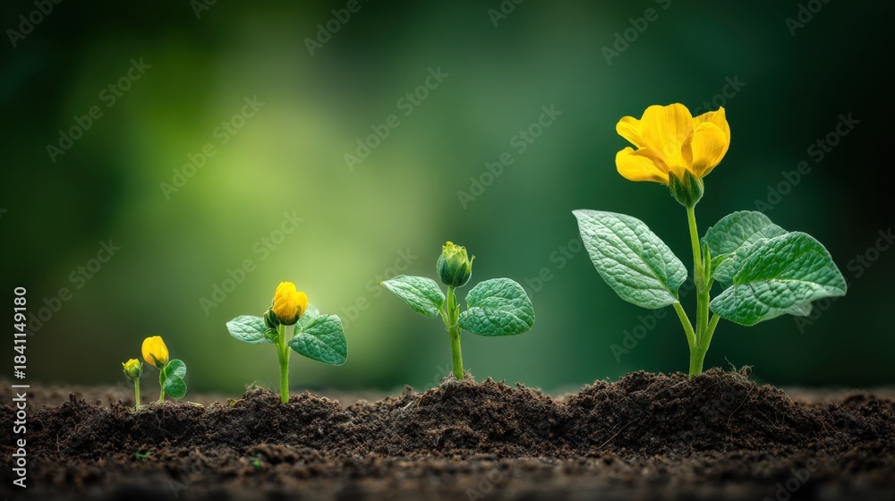 Fototapeta premium Sequential Stages of Yellow Flower Growth: From Seedling to Bloom, Representing Development and Progression