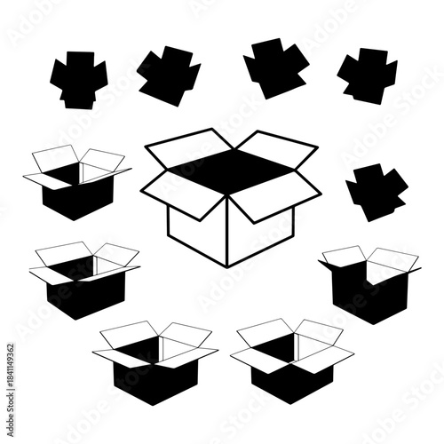 Open black and white Cardboard Box, Four Flaps Showing the Empty Interior of Container