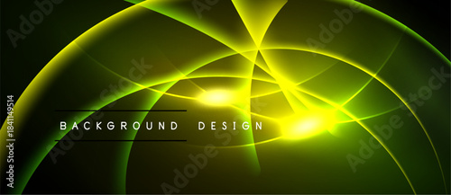 Abstract neon lines form curved shapes. Bright yellow center radiates outward against dark background. Text reads background design.