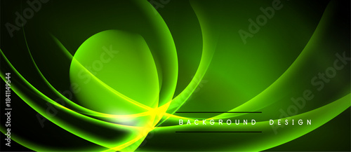 Abstract green design. Smooth curves create dynamic flow. Bright light accentuates central form, contrasting dark background. Modern aesthetic.