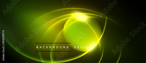 Bright neon lines create abstract circular design. Vivid green, yellow hues dominate dark background. Text reads background design.
